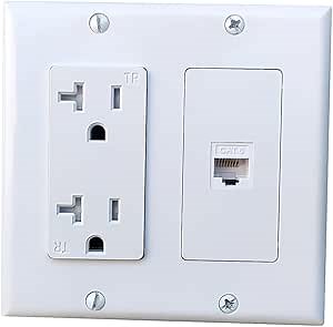 2 Gang Power Outlet with 1 CAT6 Ethernet Port - 20A Electrical Outlet Cover Plate with 1 CAT6 RJ45 Keystone Jack - White