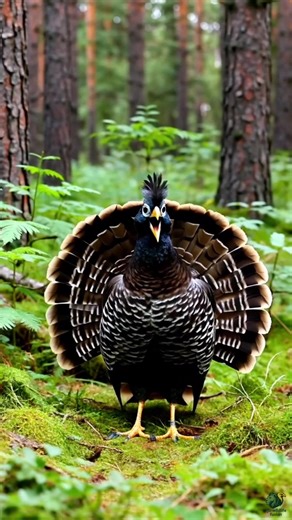 A magnificent Capercaillie displays its striking fan of feathers amidst the lush, green moss of a sun-drenched forest. Its dramatic posture and unique call create an unforgettable encounter in the heart of the wild. #Capercaillie #ForestWildlife #NatureInMotion #BirdWatching #WildWoods