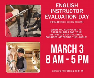 Is your (English) Instructor evaluation day approaching? If so, use this preparation day to help you feel confident on evaluation day! Register here: https://ontarioequestrian.ca/event/ontario-equestrian-english-evaluation-day-preparation-clinic-in-person/ Have questions? Email us at: info@ontarioequestrian.ca #ONequestrian | Ontario Equestrian | Facebook