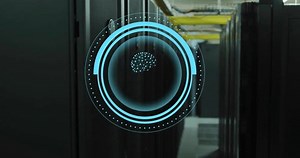 Animation of ai brain and data processing over computer servers. Global artificial intelligence, connections, computing and data processing concept digitally generated video.