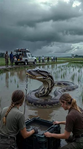 “When the Waters Rose… Balance Was Tested.” Monsoon floods swallowed the rice fields overnight. Crops drowned. Villagers worried. And in the rising water… a silent survivor lay exhausted. A giant python, displaced by the flood, stranded between farmland and fear. Farmers stood back. Storm clouds gathered. One wrong move could turn panic into chaos. But calm walked into the water. The braided leader secured the head with steady control. The medic prepared safe containment, checking carefully for 