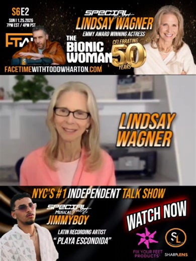 Todd Wharton on Instagram: "WATCH NOW!! FaceTime with Todd Wharton - S6E2 Special Guest: Lindsay Wagner (Emmy Award Winning Actress & Star of the iconic TV Drama Series “The Bionic Woman” celebrating 50 Years Musical Guests: JimmyBoy (Latin Recording Artist) New Music “ Playa Escondida” Sunday, January 25, 2026 I 7PM EST / 4PM PST - Lindsay Wagner Actress, author & wellness advocate best known for her iconic role as Jaime Sommers on the hit TV series The Bionic Woman (1976–1978). Jaime Sommers w