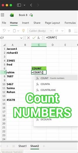 Count Function Excel | Count numerical data in excel #excel #exceltricks #excelformula #exceltips
