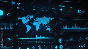 futuristic holographic interface with floating blue panels, icons, and graphs, showing data analysis and interactive elements, 4K wallpaper animation video