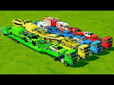 TRANSPORTING ALL POLICE CARS, AMBULANCE, FIRE TRUCK, COLORFUL CARS WITH TRUCK -FARMING SIMULATOR 22!