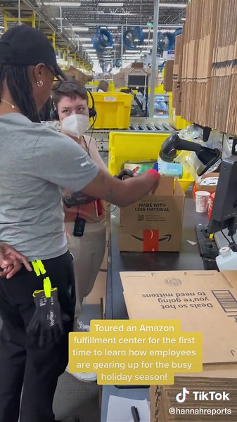 I toured an Amazon fulfillment center in Baltimore and this lovely employee, Nicole, showed me how to pack a single-item package. She said her record is 130 packages per minute. Mine so far is just one per minute! #amazon #journo #journotok #holiday #christmas #fyp #viral #fypage