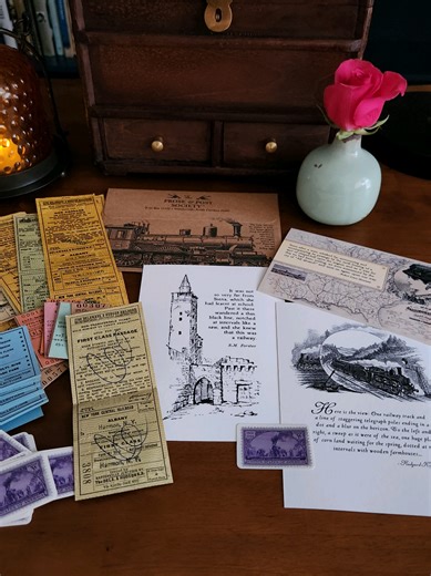An authentic vintage railway ticket. Two vintage art prints with literary quotes. A postcard to keep or send. A sticker made from a 1944 stamp commemorating the completion of the Transcontinental Railroad. And a letter from me, personalized with your name written by hand in calligraphy. All designed by me (except for the train tickets, of course) and assembled by hand. Inside the March edition of The Prose & Post Society, a monthly mail club for readers and curious souls. If this feels like your