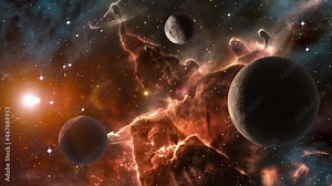 Space background slowly moving through universe among planets galaxies stars and nebulae