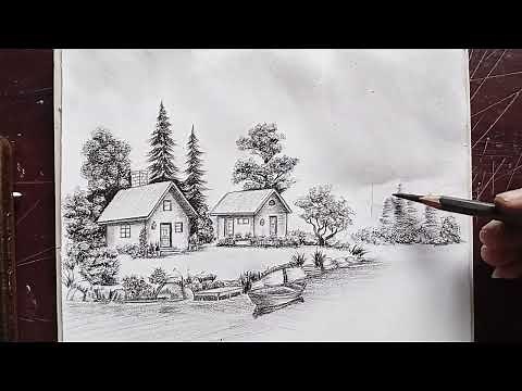 Wooden Houses and Boats on a Lake with Pencil | Step by Step Tutorial