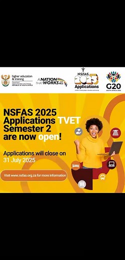 �� Attention TVET Students! NSFAS 2025 Semester 2 Applications are officially OPEN — but ONLY for TVET Colleges �� � Please note: This application cycle is NOT for universities applicants. � Closing Date: 31 July 2025 � Apply now at � www.nsfas.org.za Let’s get you funded for your future! �� #NSFAS2025 #TVETOnly #Semester2Applications #FundYourFuture #NSFAS #EducationForAll #ApplyNow #YouthOpportunity #TVETSuccess #SouthAfrica #Rekaofela #G20SouthAfrica #ANationThatWorks � | Tvet College Applica
