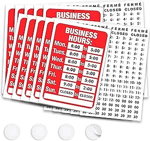 ASSURED SIGNS Open Signs, Business Hours Sign Kit for Glass Door or Window - Bright Red and White Colors - 10 Pack - 7.7 x 11.7 Inch - Includes 4 Adhesive Pads and Number Sticker Set - Ideal Hours Of Operation Signs for Business, Store or Office