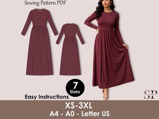 Long Sleeve Maxi Dress Sewing Pattern PDF | Modest Formal Gown XS-3XL | Gathered Waist Skirt - Etsy