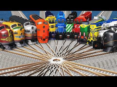 12 Trains vs Impossible Overlap Tracks - BeamNG.Drive