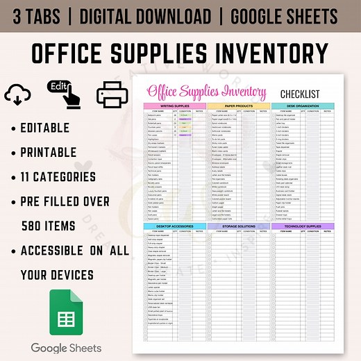 Comprehensive Office Supplies Inventory Checklist Spreadsheet | Google Sheets Template | Office Supplies Inventory Checklist Spreadsheet - Etsy