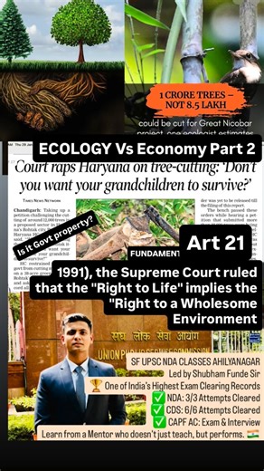 Shubham Funde on Instagram: "1. Constitutional “Golden Triangle”: • Art 48A (DPSP): State’s obligation to protect & improve environment. • Art 51A(g) (Fundamental Duty): Citizen’s duty to have compassion for living creatures. • Art 21 (Fundamental Right): Right to Life includes “Right to Pollution-Free Environment” (Subhash Kumar vs. State of Bihar, 1991). 2. Public Trust Doctrine (M.C. Mehta vs. Kamal Nath, 1997): • Natural resources (air, water, forests) are not government property. The State 