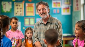 friendly old teacher teaching young student at elementary classroom
