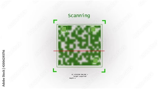 QR code scan animation with ai vision text. Green QR code scan data processing. QR code scan smart technology interface.