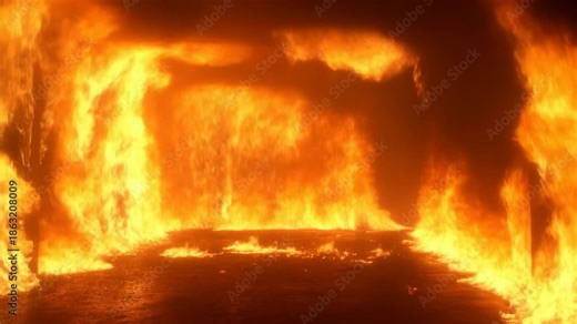 Intense room fire engulfing entire space with raging flames in rapid sequence
