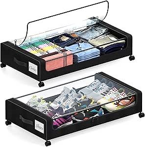 Under Bed Storage with Wheels, 2 Pack Under Bed Storage Containers with Dividers & Clear Lids, XXL 65L Under the bed storage Organizer Bins, Underbed Storage with Wheels for Clothes (Black, 2 Pack)