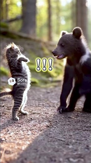 子猫vs子熊の再戦2足で立った瞬間ww