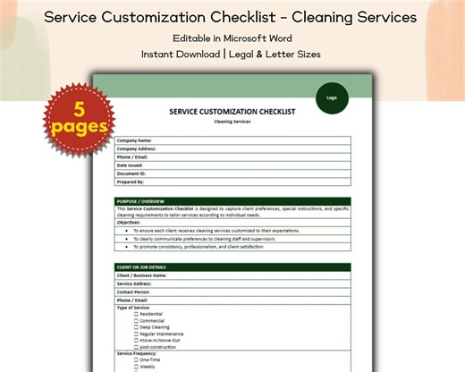 Cleaning Services Service Customization Checklist Editable and Printable Template, Business, Residential and Commercial Housekeeping Agency - Etsy
