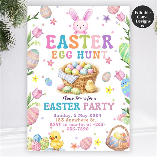 Easter Egg Hunt Invitation, Easter Bunny Themed Party Invite, Editable Canva Template, Custom Easter Celebration Card, PDF Download - Etsy