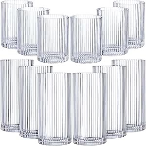 Zhehao 12 Pcs Ribbed Drinking Glasses Set 9 oz 12 oz Glass Cups Vintage Glassware Ribbed Cocktail Cup Clear Ice Coffee Highball Ripple Drinkware for Home Bar Beverages
