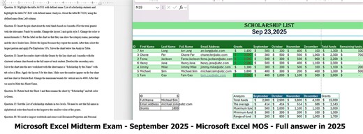 Microsoft Excel Midterm Exam - September 2025 - Embedded with MOS Microsoft Excel (54 questions)