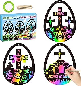 Easter Eggs Cross Scratch Cards Ornaments, 60Pcs DIY Magic Scratch Paper Art Crafts Kit, Christian Jesus is Risen Easter Eggs Resurrection Religious Supplies Decorations for Sunday School