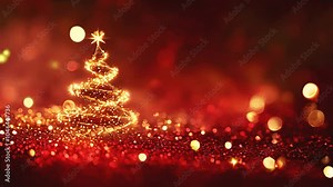 Christmas tree made of golden bokeh on dark red background. Animated Christmas postcard