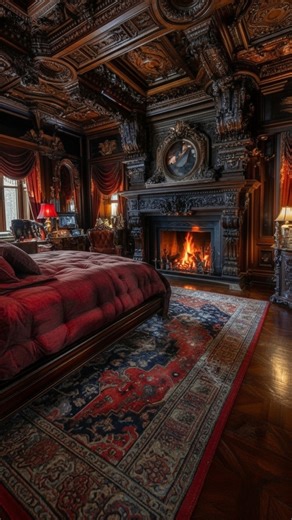 Victorian Gothic Fireplace Bedroom | Carved Wood Ceiling, Velvet Drapes & Dark Royal Romance This bedroom feels like sleeping inside a historic manor—ornate carved wood ceiling, dramatic dark paneling, heavy velvet drapes, and a grand fireplace that turns the whole room into a warm, candlelit scene. Dark Victorian / Victorian Gothic style leans into rich jewel tones, vintage ornament, and luxurious textiles to create a space that’s both dramatic and deeply cozy. It’s not just “moody decor”—it’s 