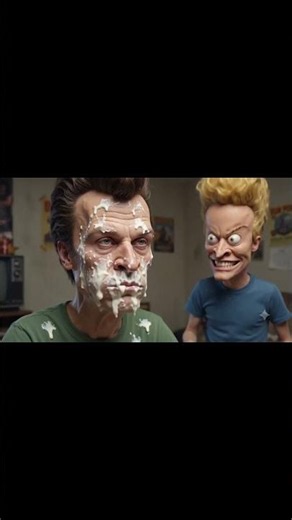 Butthead eating sour cream Beavis is helping him.