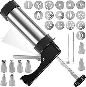 Churro Maker Machine - Stainless Steel Churros Gun Kit, 3-In-1 Multifunctional Cookie Press Gun with Piping Bag, 8 Piping Nozzles and 16 Cookie Discs for Making Churro, Cookie and Cake DIY