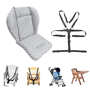 High Chair Pad, High Chair Cushion, Seat Cushion, Breathable Pad, with Baby High Chair Seat Belt, 2 Pieces, Soft and Comfortable, Make The Baby More Comfortable (Grey Stars Pattern)