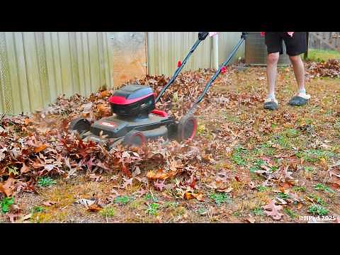 Hyper Tough Battery Powered Mower - Mowing the leaves