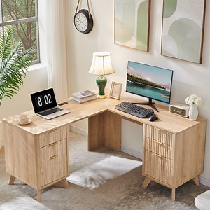 OKD 60" Executive Office Desk, Farmhouse Rustic Computer Writing Desk with 4 Drawers, File Cabinet & Charging Station, Home Office Corner Workstation, Natural Oak