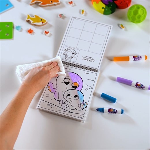 Our "Under the Sea Color and Erase Reusable Activity Pad" includes markers that allow kids to create and erase repeatedly! 🐙 🌊🐬 | Crayola