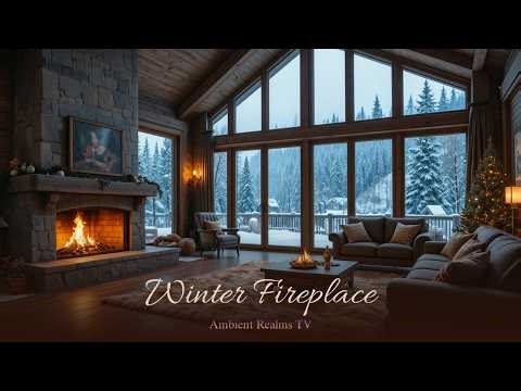 Cozy Chalet Fireplace Snowfall 🏔️ | 4K Winter Living Room Ambience (4 Hours)