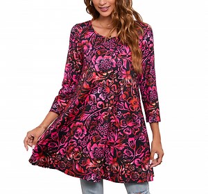 ENMAIN Womens Tunic Tops 3/4 Sleeve Plus Size Loose Fit Tunics Dressy Casual Red Floral Swing Top M