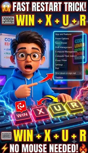 😱 Win + X + U + R = PC Restart! | Hidden Windows Shortcut #shorts #computerbasics