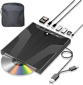 8 in 1 External CD/DVD Drive for Laptop, Slot-Loading CD Reader for Laptop, CDs Drive External USB DVD Drive Externals CD Burner Compatible with PC Windows Linux MacOS (+Carrying Case)