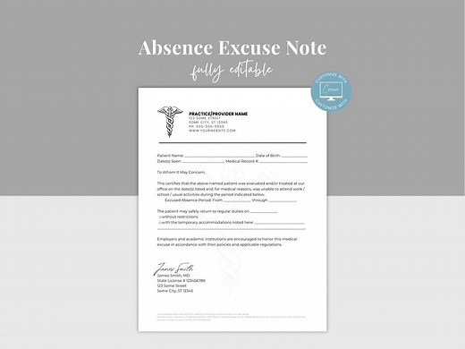 Doctor's Excuse Note Template, Editable Dr Note for Work & School, Doctor Excuse Letter, Canva Editable, Doctor Work Note With Signature - Etsy