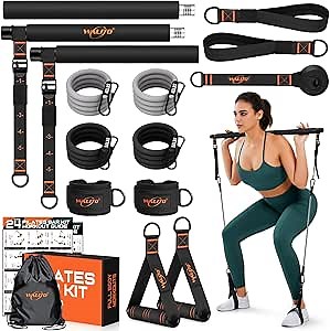 Pilates Bar Kit with Resistance Bands, 3-Section Multifunctional Yoga Pilates Bar with Metal Adjustment Buckle.Portable Pilates Equipment for Women & Men Full-Body Workouts at Home Gym