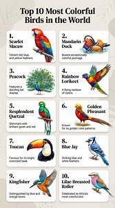 Top 10 Most Colorful Birds in the World Nature’s paintbrush is on full display with these stunning birds. Their vibrant feathers look almost unreal 👇 1️⃣ Scarlet Macaw – Bright red, blue, and yellow feathers 2️⃣ Mandarin Duck – One of the most colorful ducks in the world 3️⃣ Peacock – Famous for its dazzling tail display 4️⃣ Rainbow Lorikeet – Looks like a flying rainbow 5️⃣ Resplendent Quetzal – Shimmering green and red beauty 6️⃣ Golden Pheasant – Golden crest with vibrant patterns 7️⃣ Toucan
