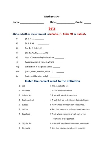 Types of sets worksheet