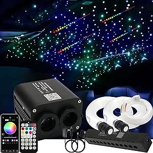 AZIMOM Dual Color 20w Twinkle Fiber Optic Starlight Headliner Kits 1200pcs 0.03in 13.1ft, RGB Meteor Shooting Star, Sound Activated Remote APP Control Home Car Ceiling Décor
