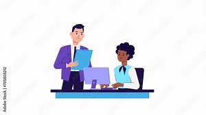 Office workers Characters Animation. co-working space, team work, colleagues. woman working at laptop, man talking, narration, mouth animation. business, negotiation, brainstorming. Cartoon video