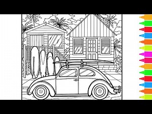 Coloring Time to Travel with VW Beetle, Train Express, Helicopter | Vehicles Coloring Pages