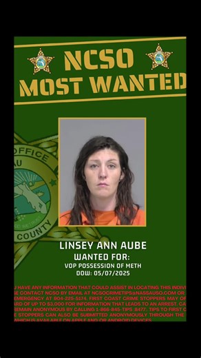 🚨WANTED WEDNESDAY🚨 We need your help to locate Linsey Ann Aube, who is wanted by NCSO for: VOP Possession of Meth If you have any information that could assist in locating this individual, please contact NCSO by email at ncsocrimetips@nassauso.com or NCSO non-emergency at 904-225-5174. First Coast Crime Stoppers may offer a reward of up to $3,000 for information that leads to an arrest. Callers can remain anonymous by calling 1-866-845-TIPS (8477). Tips to First Coast Crime Stoppers can also b
