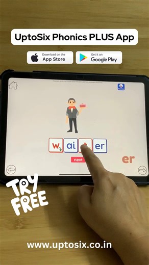 UptoSix Phonics PLUS App. Interactive Phonics App for Kids. Make learning reading and spelling easy. Download now and Try Free. Available on the Google Play Store and App Store. | Phonics Reading